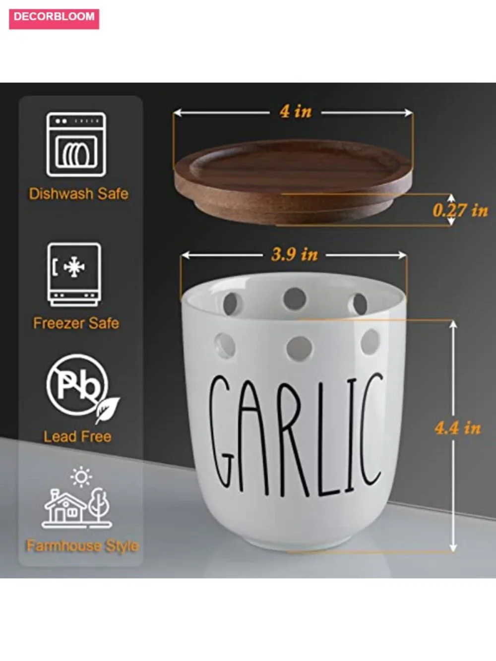 Ceramic Garlic Keeper with Acacia Wood Lid, Food Storage Jar
